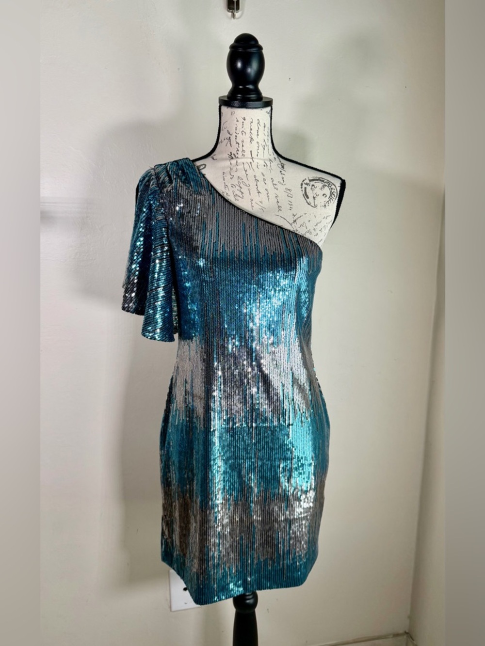 As U Wish Teal and Silver One-Shoulder Sequin Mini Dress